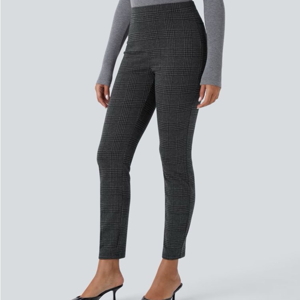 Retrology Gray Plaid Stretch Skinny Pull-On Pants Belt Silver Detail M